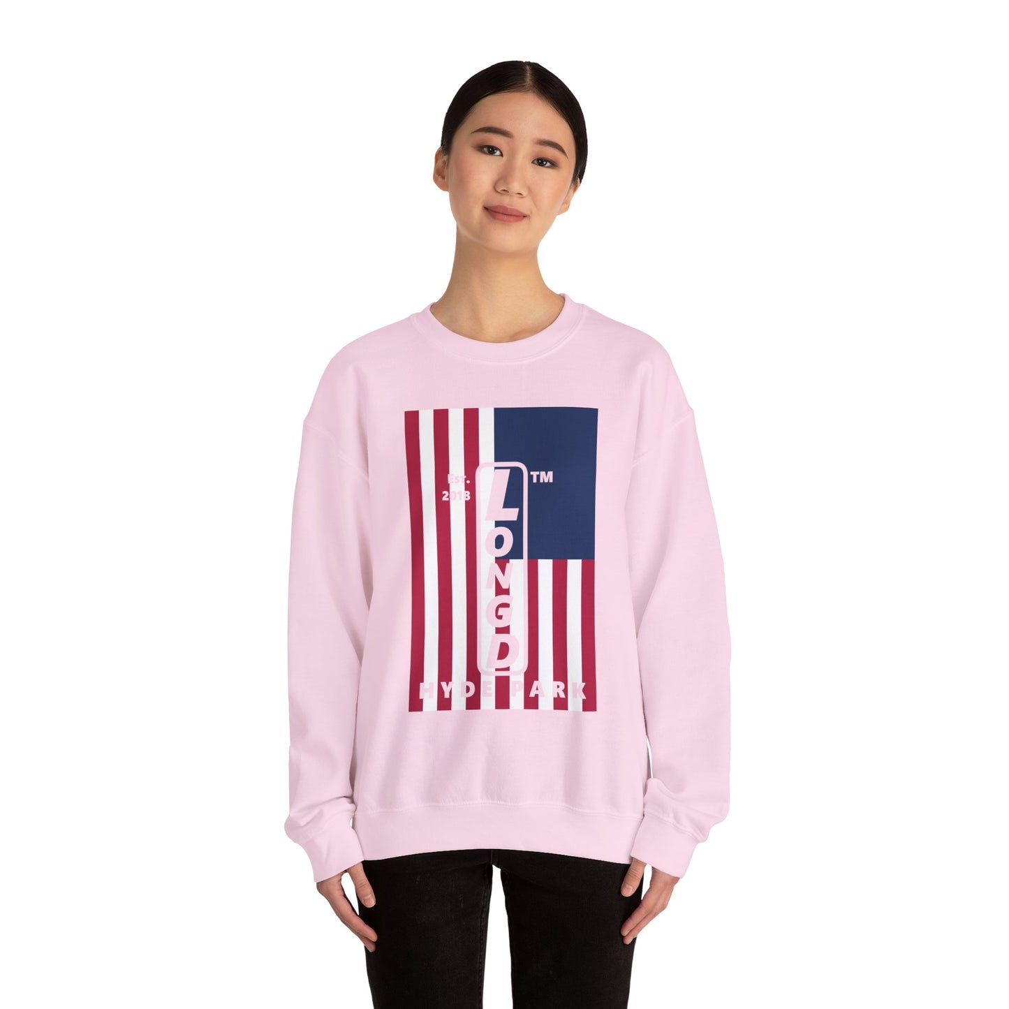 LongD negative cropped flag Hyde Park upright logo crewneck sweatshirt (patriotic colors)