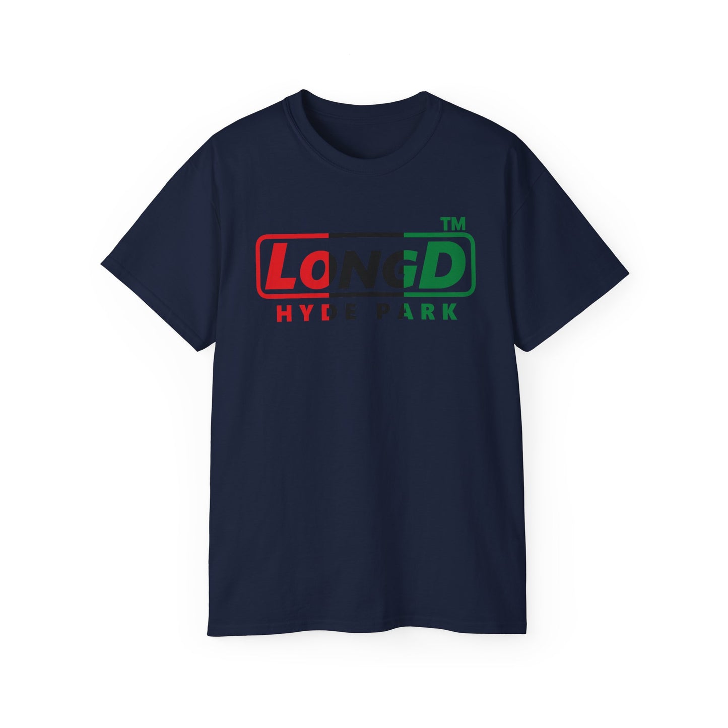 LongD positive vertical 3-striped Hyde Park logo cotton tee (Juneteenth colors)