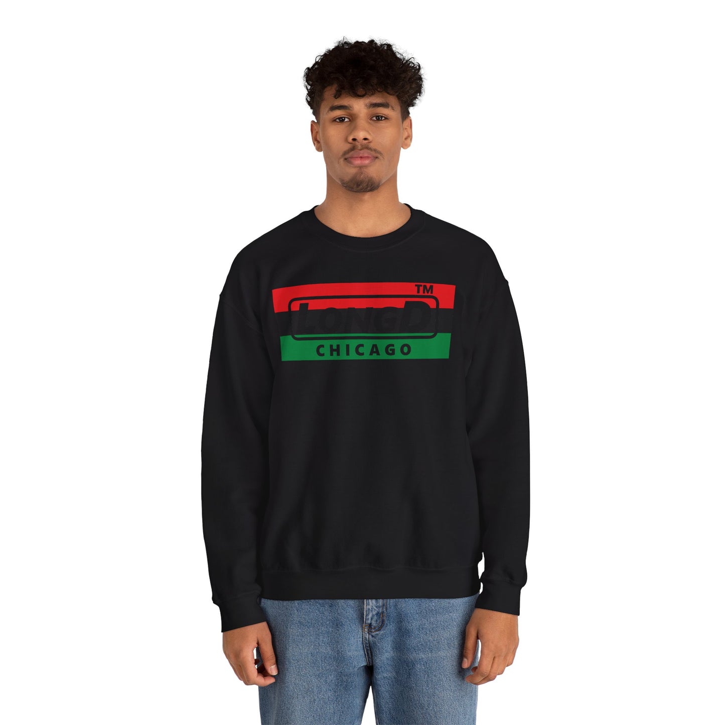 LongD negative horizontal 3-striped Chicago logo crewneck sweatshirt (Juneteenth colors)
