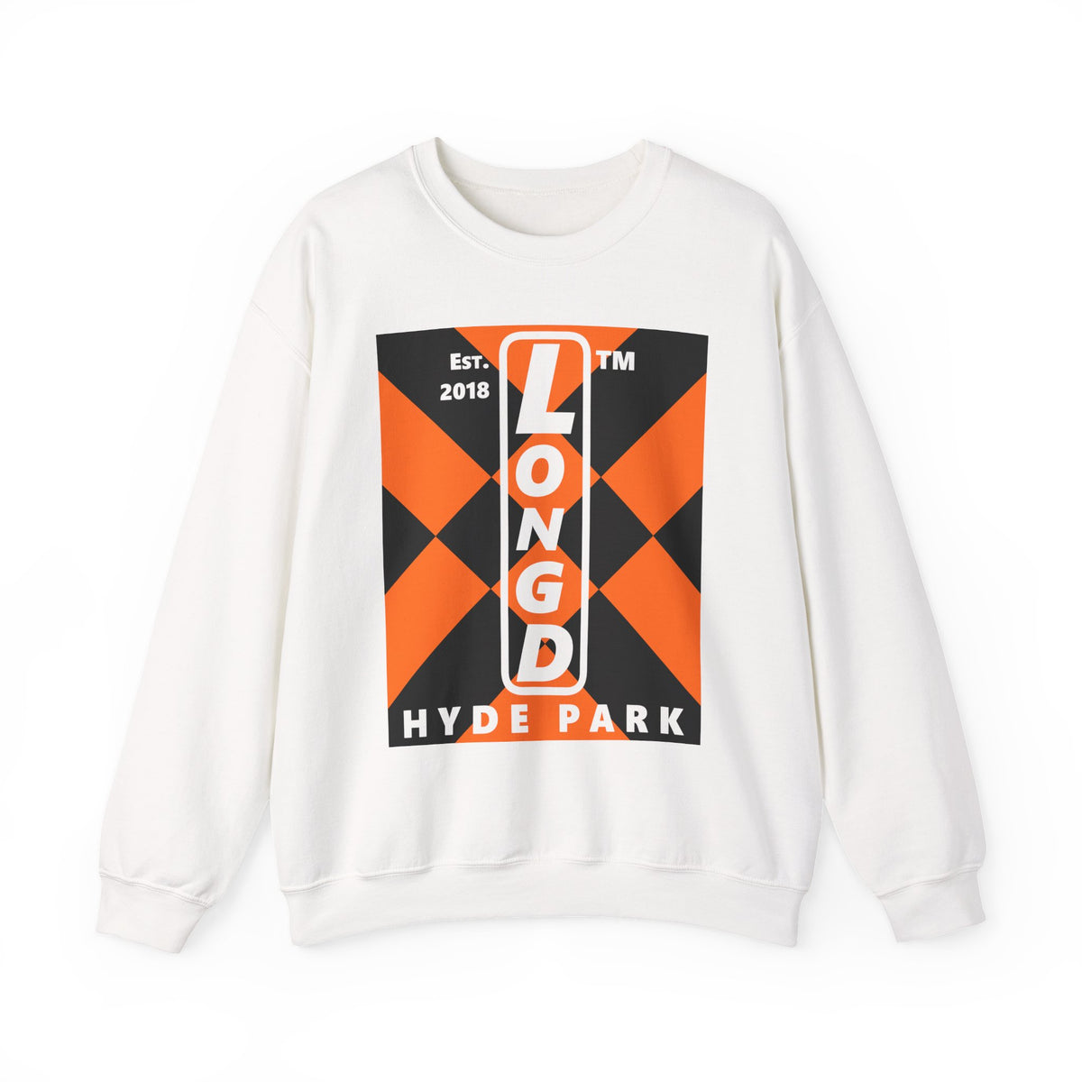 LongD Hyde Park negative upright mixed argyle logo (Halloween colors) crewneck sweatshirt