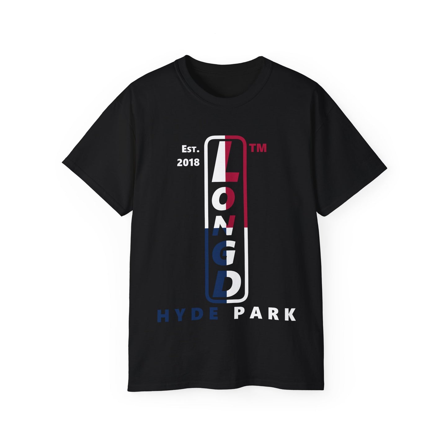 LongD cotton tee positive quarters Hyde Park upright logo (Patriotic colors)