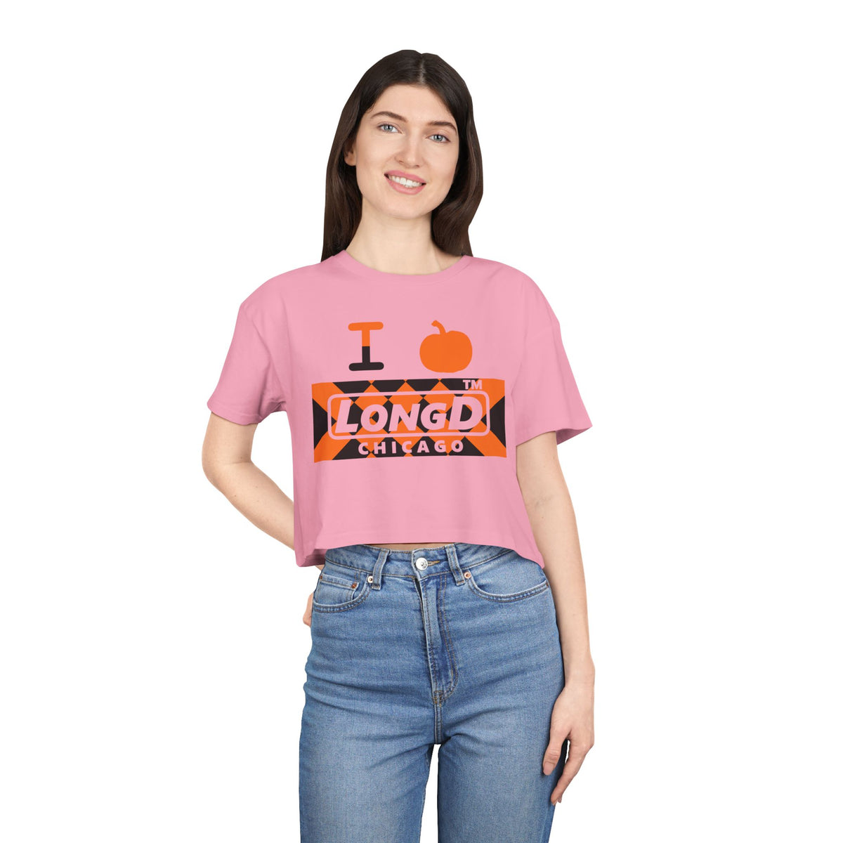 I pumpkin LongD Chicago negative stylized argyle logo crop tee
