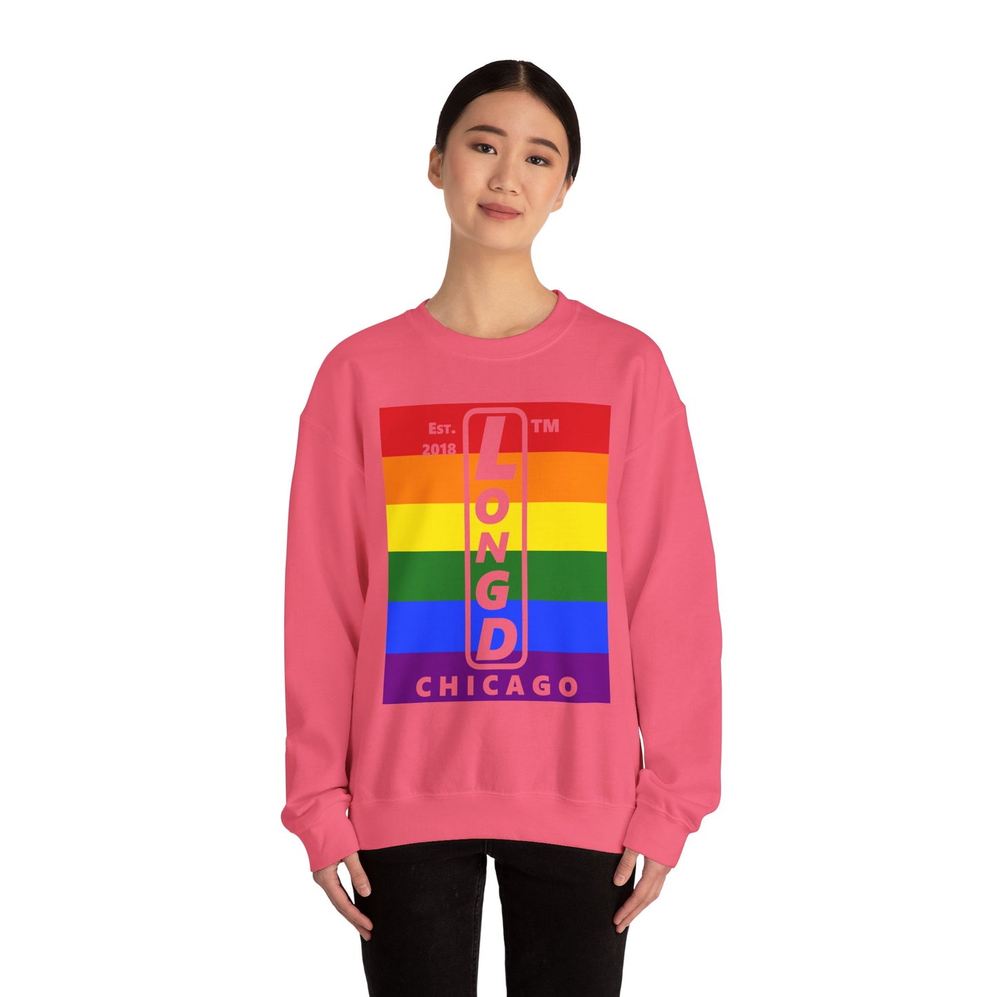 LongD negative horizontal 6-striped Chicago upright logo crewneck sweatshirt (Pride colors)