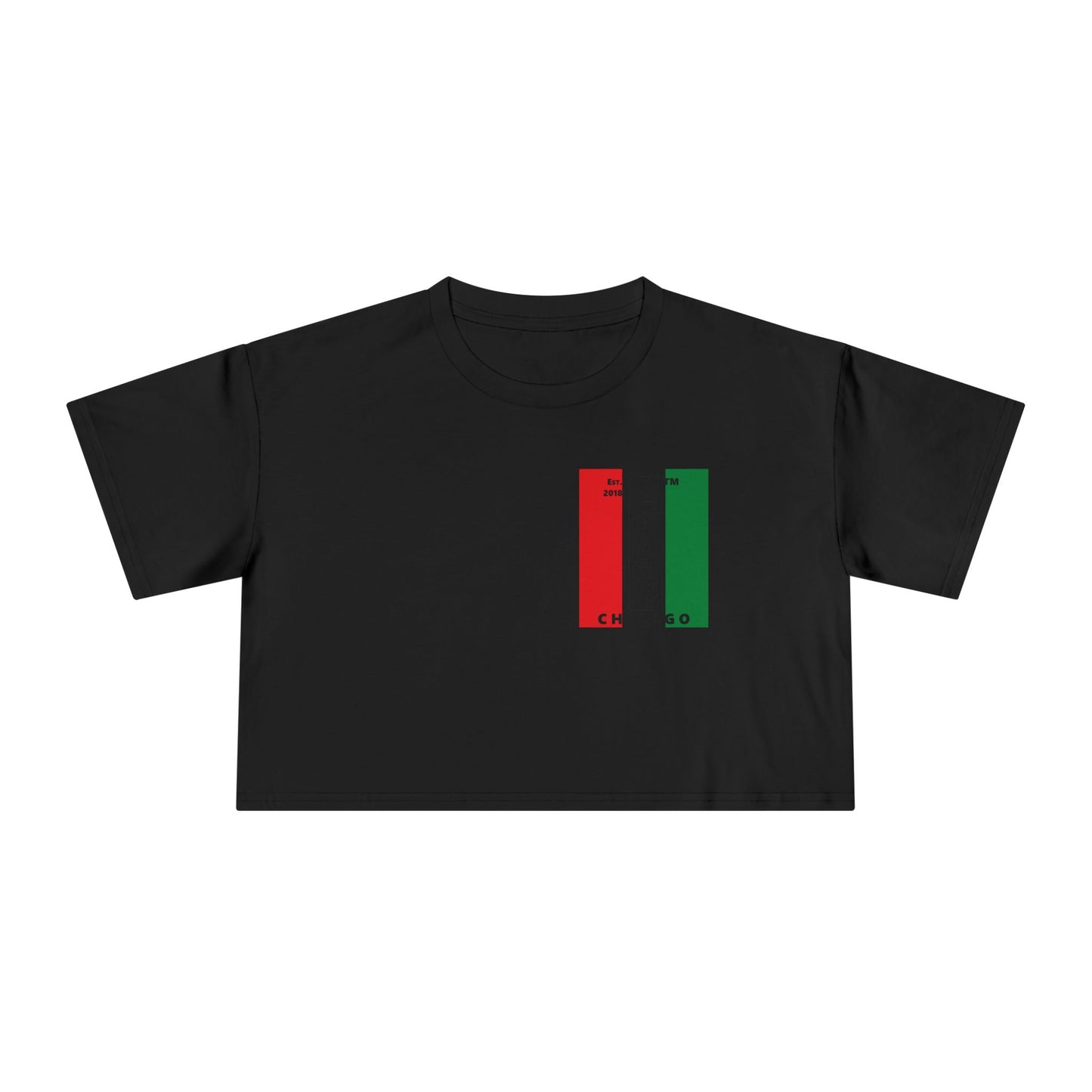 Negative vertical 3-striped upright single-breasted Chicago logo crop tee (Juneteenth colors)