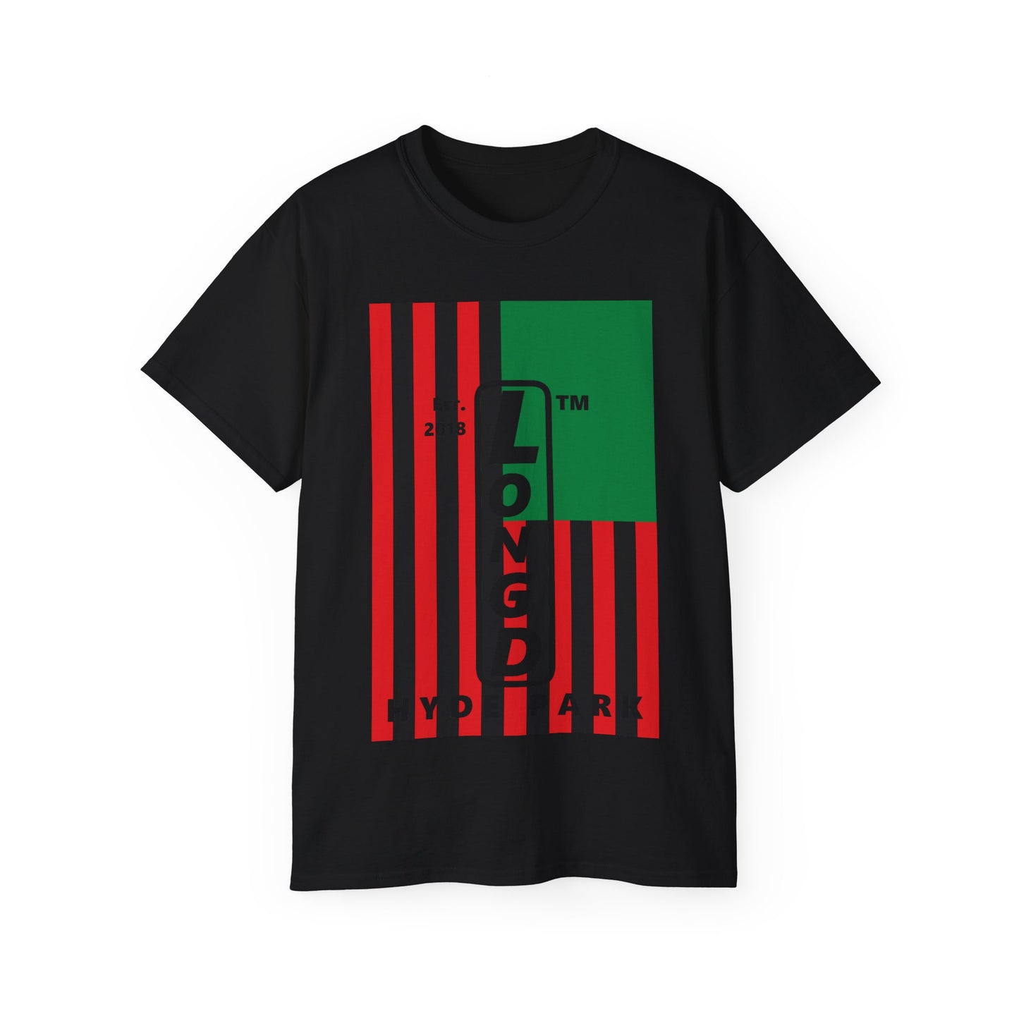 LongD Cotton Tee negative flag Hyde Park upright logo (Juneteenth colors)