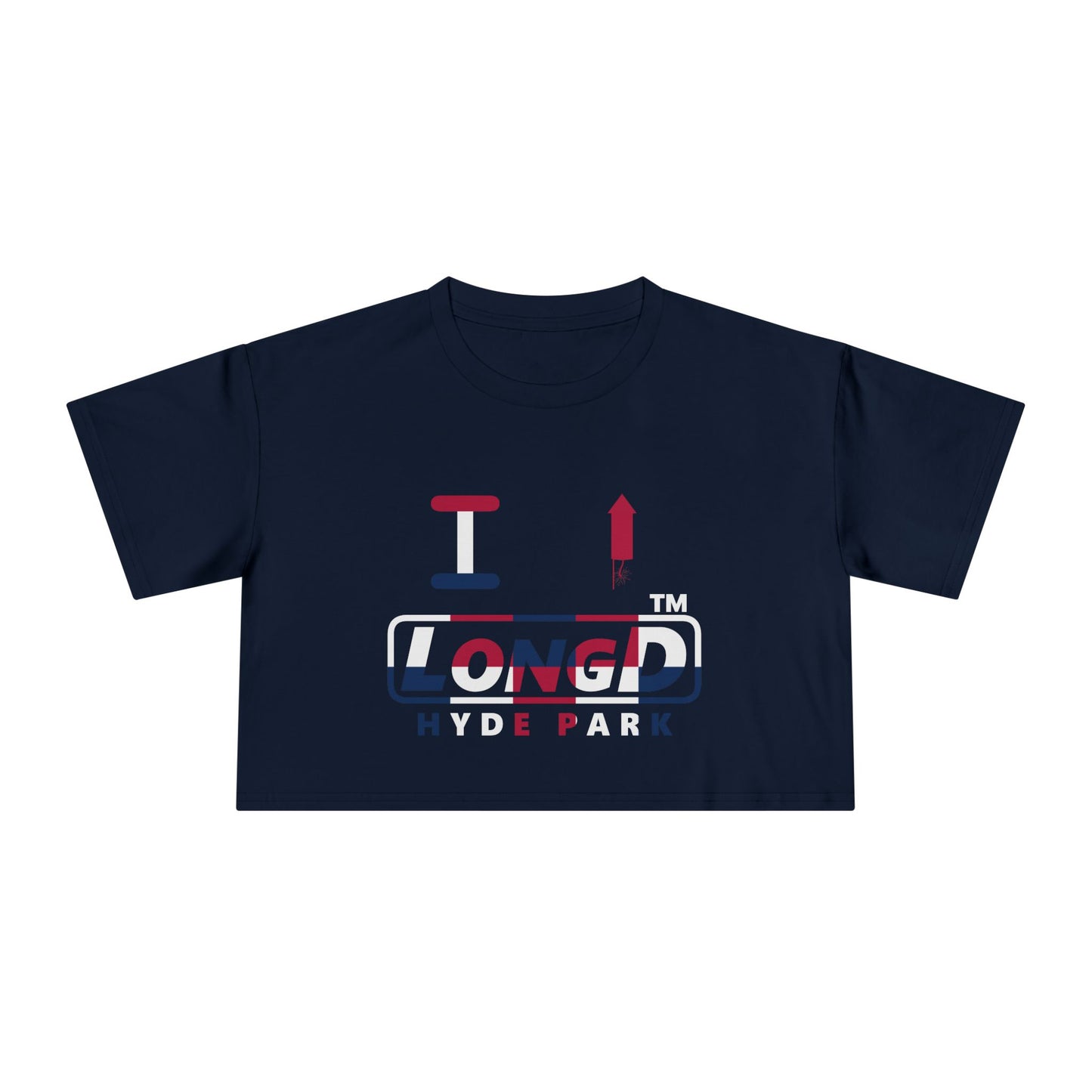 I firecracker LongD positive 2x5 double-breasted front-back Hyde Park Logo Crop Tee (Patriotic colors)