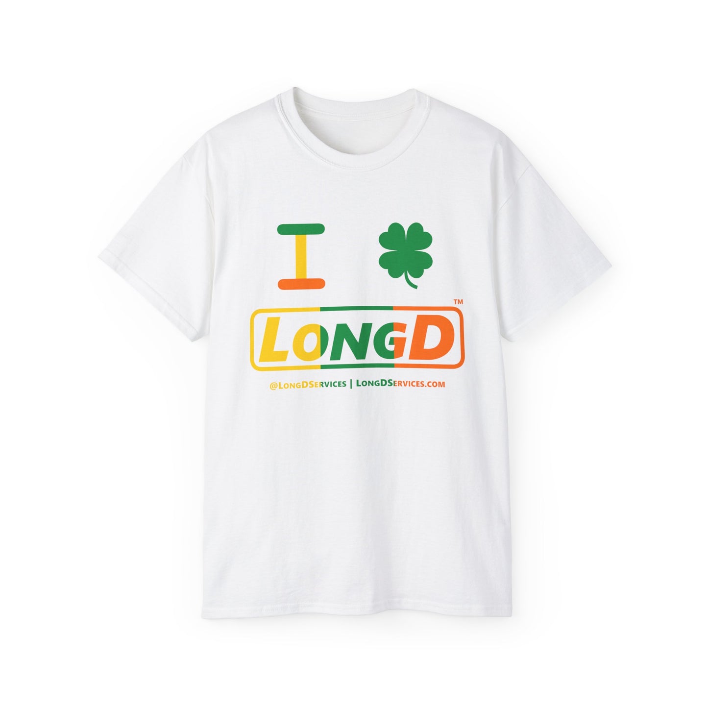 I Clover LongD® Logo Cotton Tee (St. Patrick's Day -Irish Green, Golden Yellow and Irish Orange thirds with 4-leaf clover)