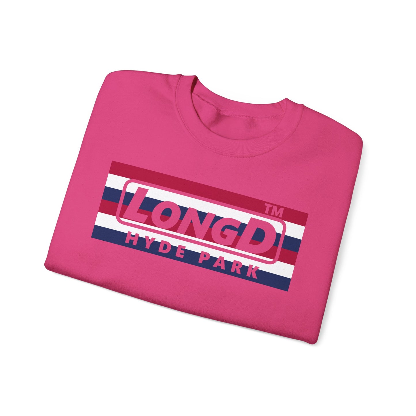 LongD negative horizontal 6-striped Hyde Park logo crewneck sweatshirt (patriotic colors)