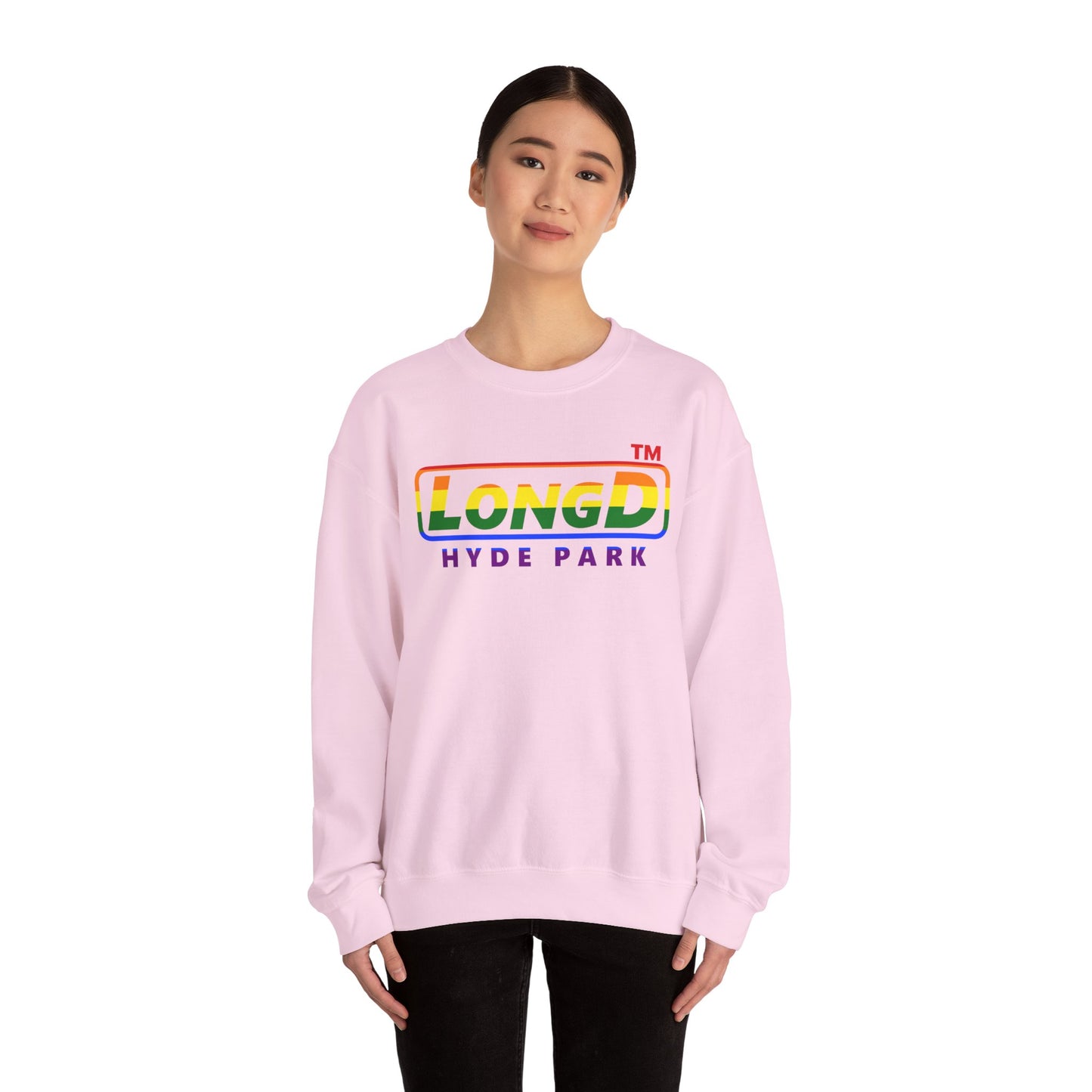 LongD positive horizontal striped front-back Hyde Park logo crewneck sweatshirt (Pride colors)