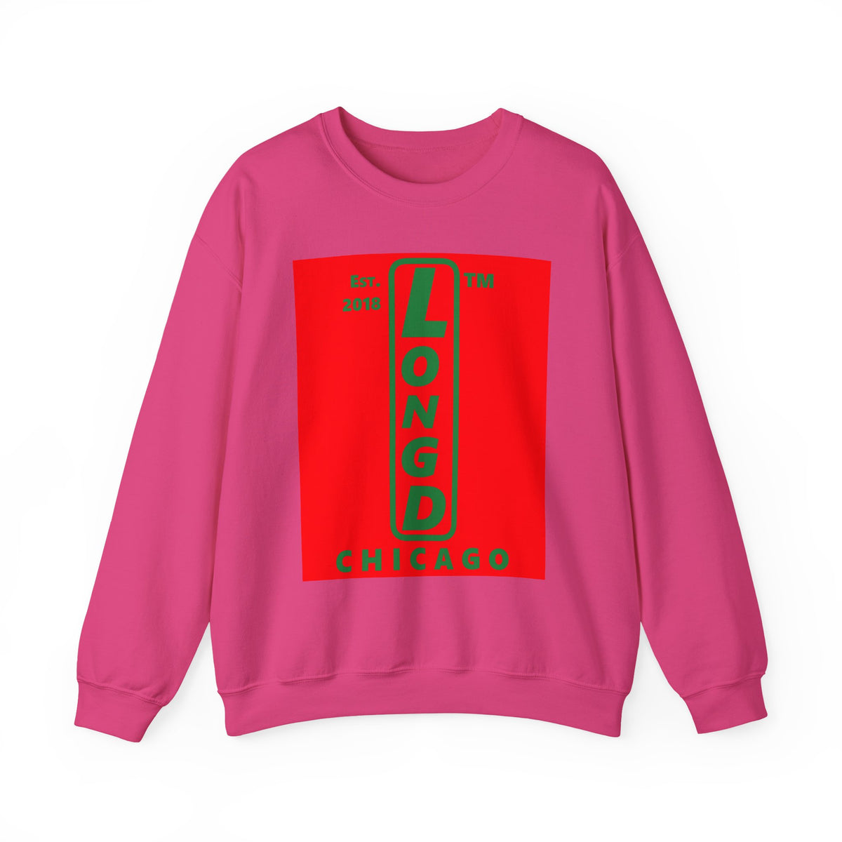 LongD Chicago upright logo positive green on negative red (Xmas colors) crewneck sweatshirt