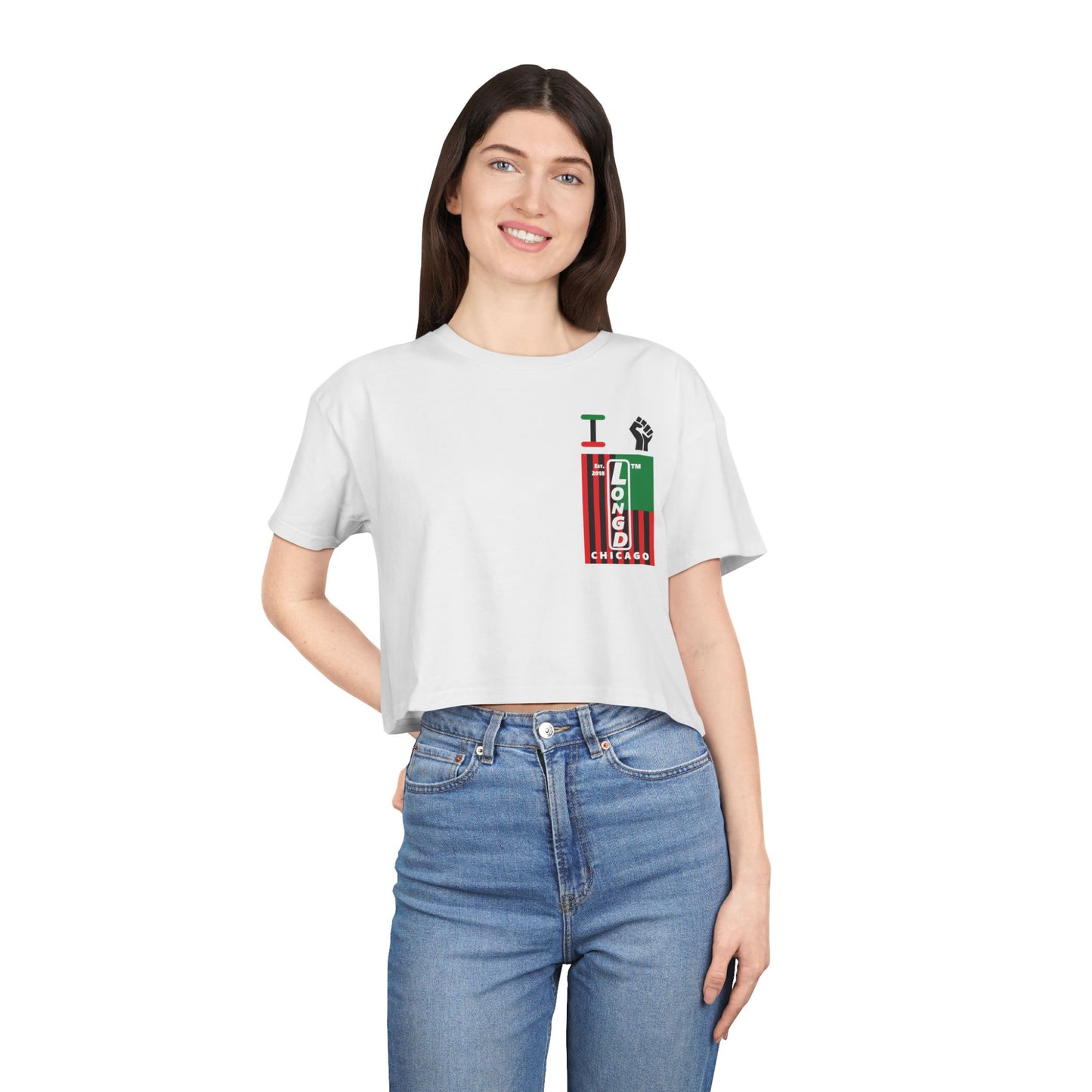 I fist LongD negative flag upright single-breasted Chicago logo crop tee (Juneteenth colors)