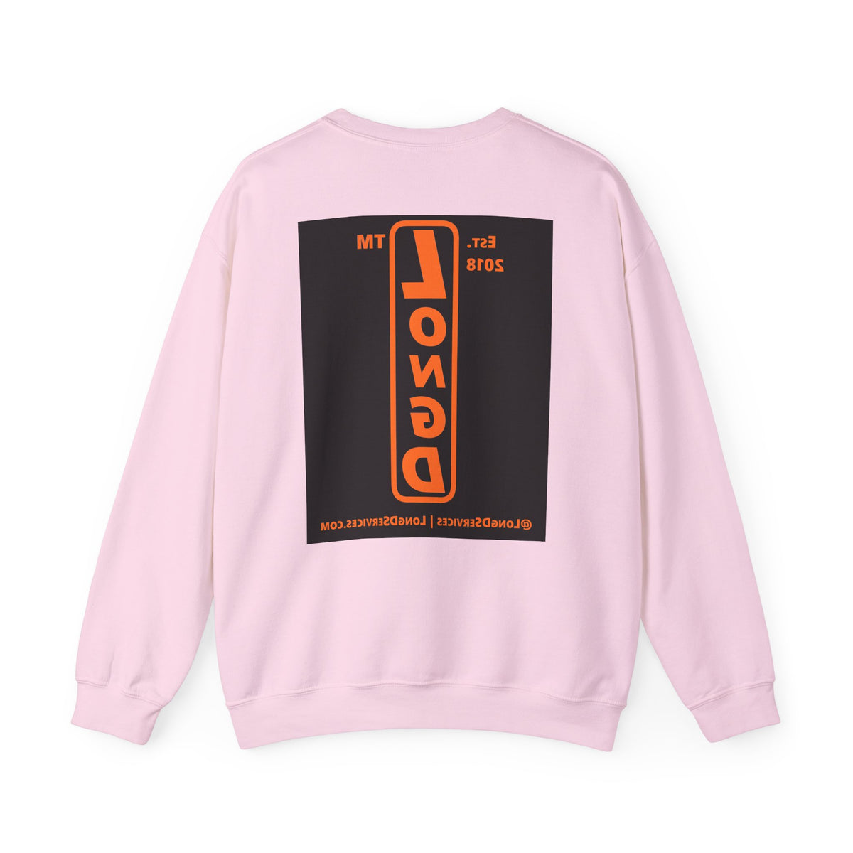 LongD Tag-domain upright front-back logo orange (FE7518) on Black (000000) crewneck sweatshirt