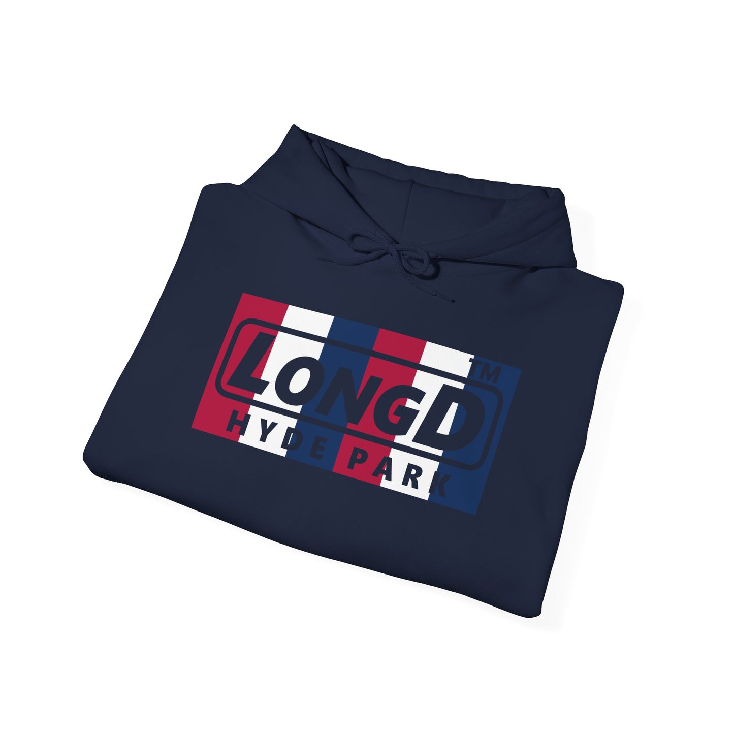LongD® negative vertical 6-striped Hyde Park logo hoodie (patriotic colors)