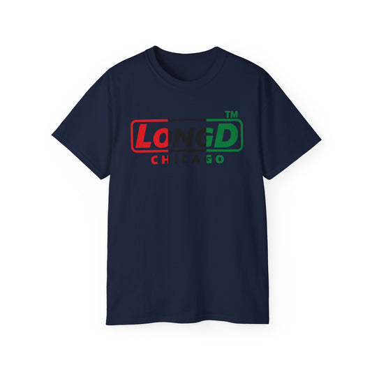 LongD positive vertical 3-striped Chicago logo cotton tee (Juneteenth colors)