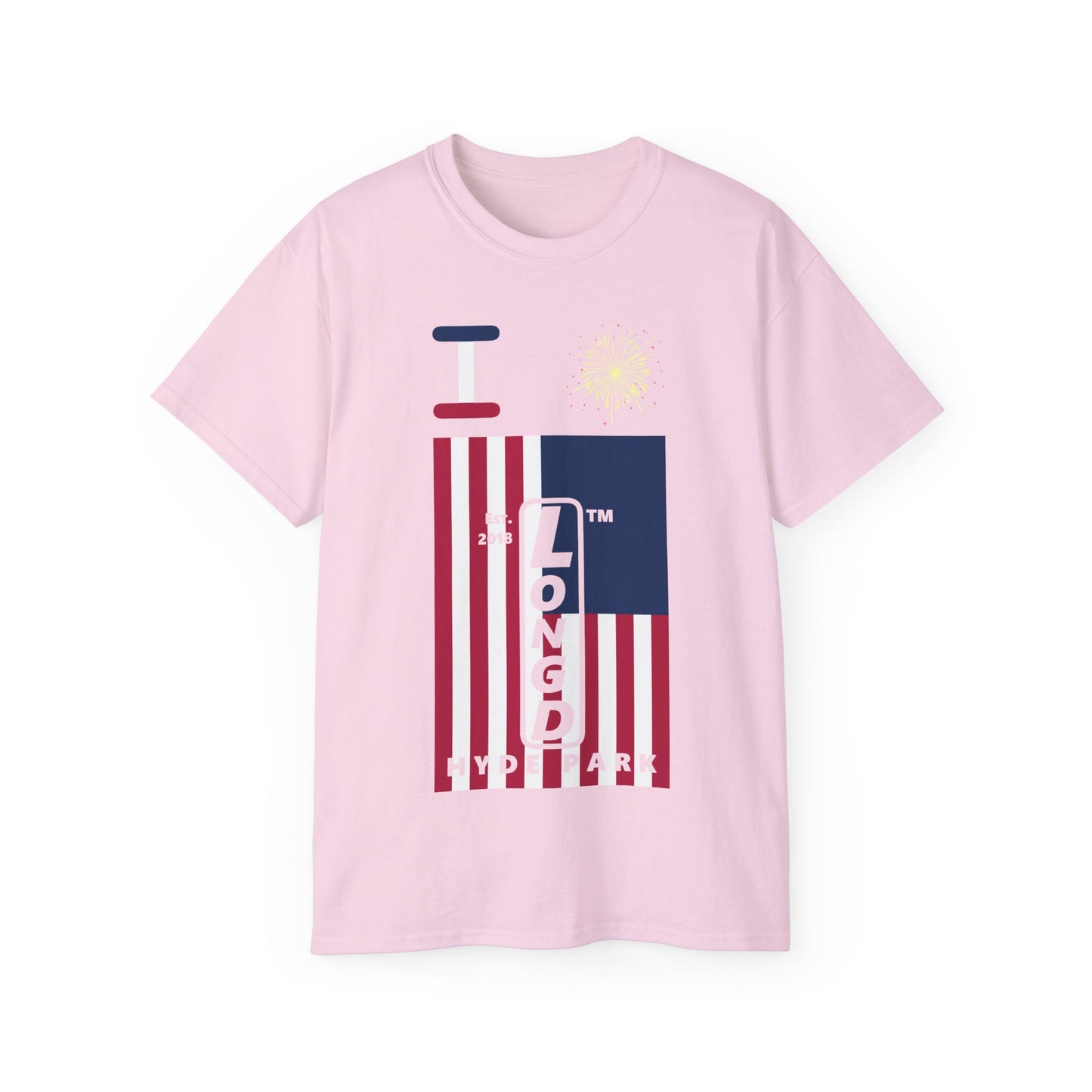 I Burst LongD cotton tee negative cropped flag Hyde Park upright logo (Patriotic colors)