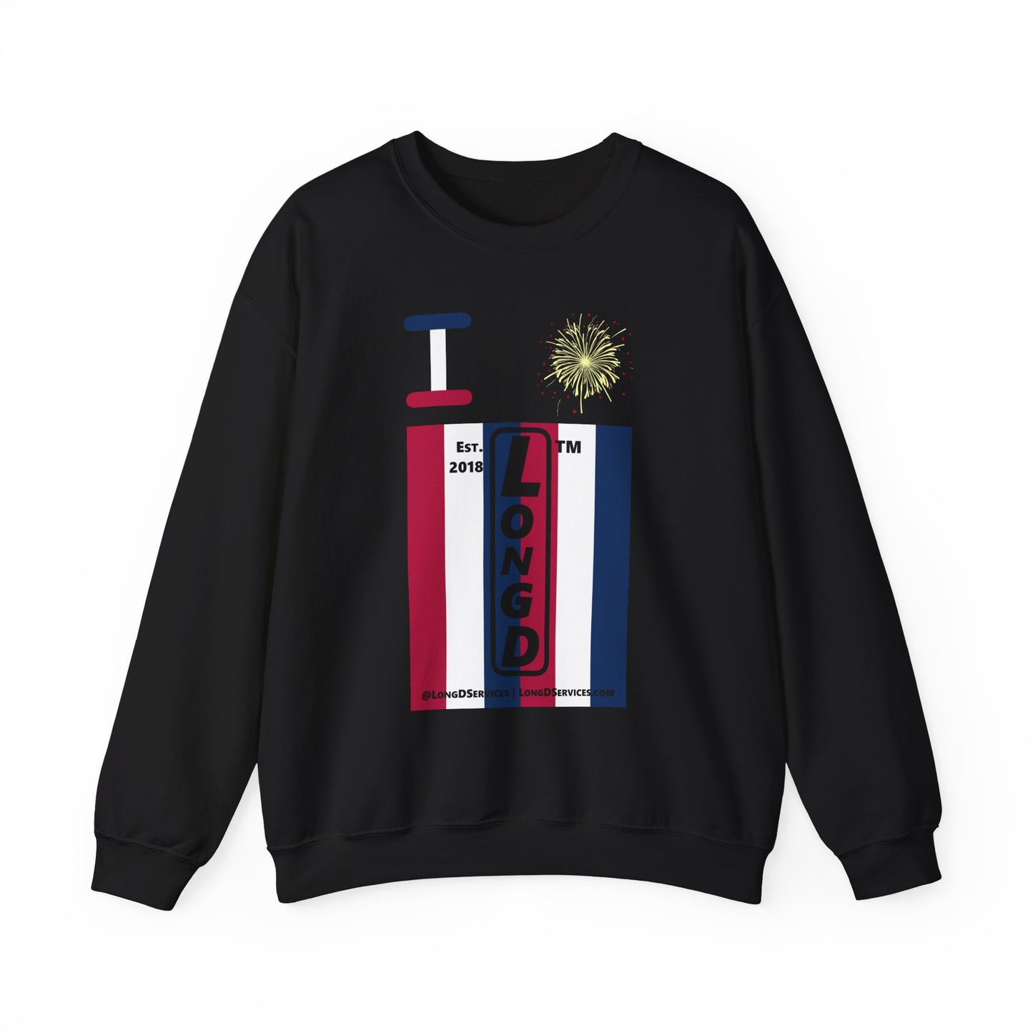 I Burst LongD negative vertical 6-striped tag-domain upright logo crewneck sweatshirt