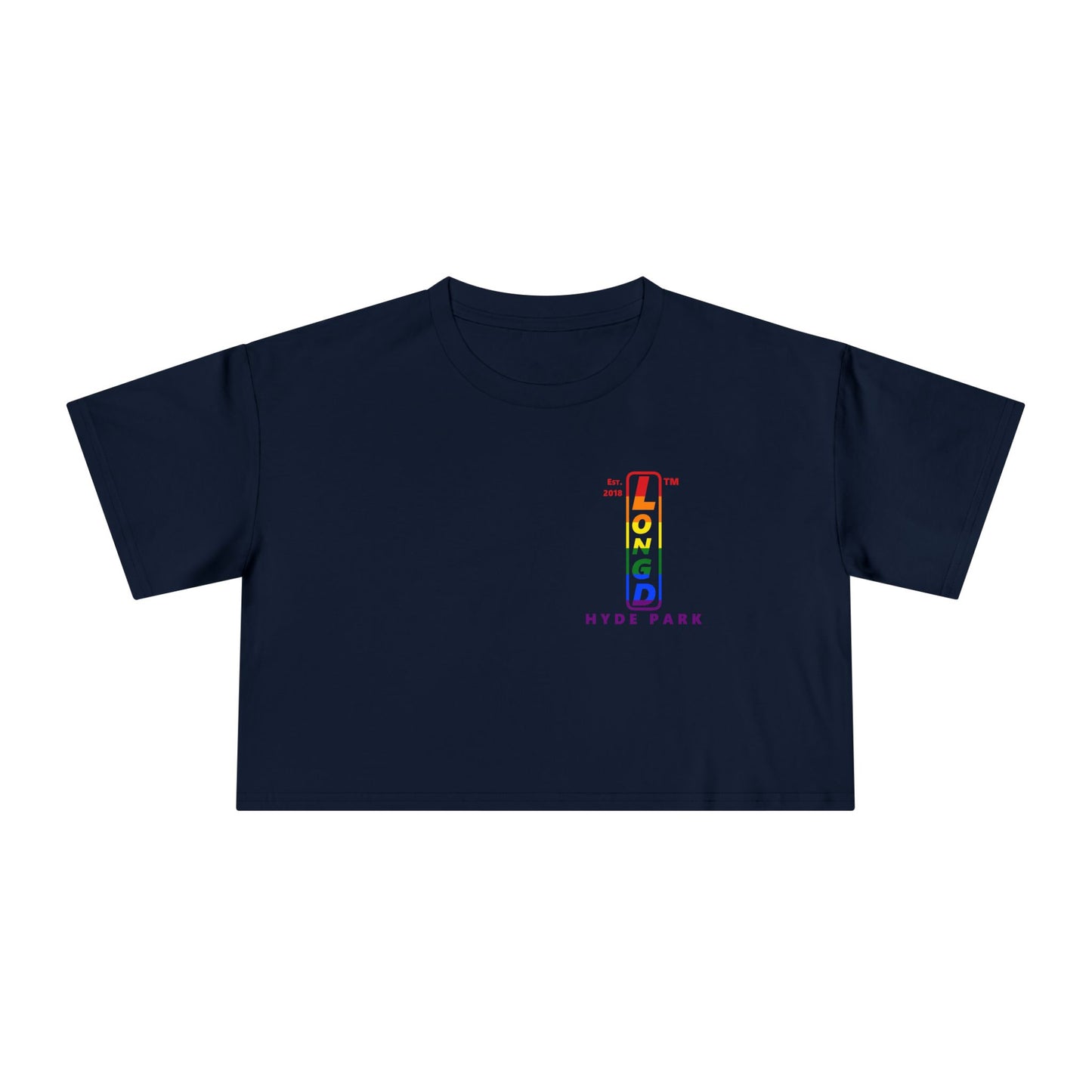 Positive horizontal 6-striped upright single-breasted Hyde Park logo crop tee (Pride colors)