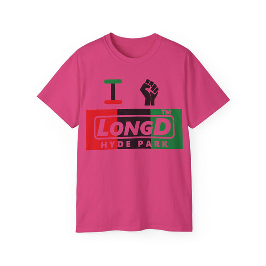 I fist LongD negative vertical 3-striped Hyde Park logo cotton tee