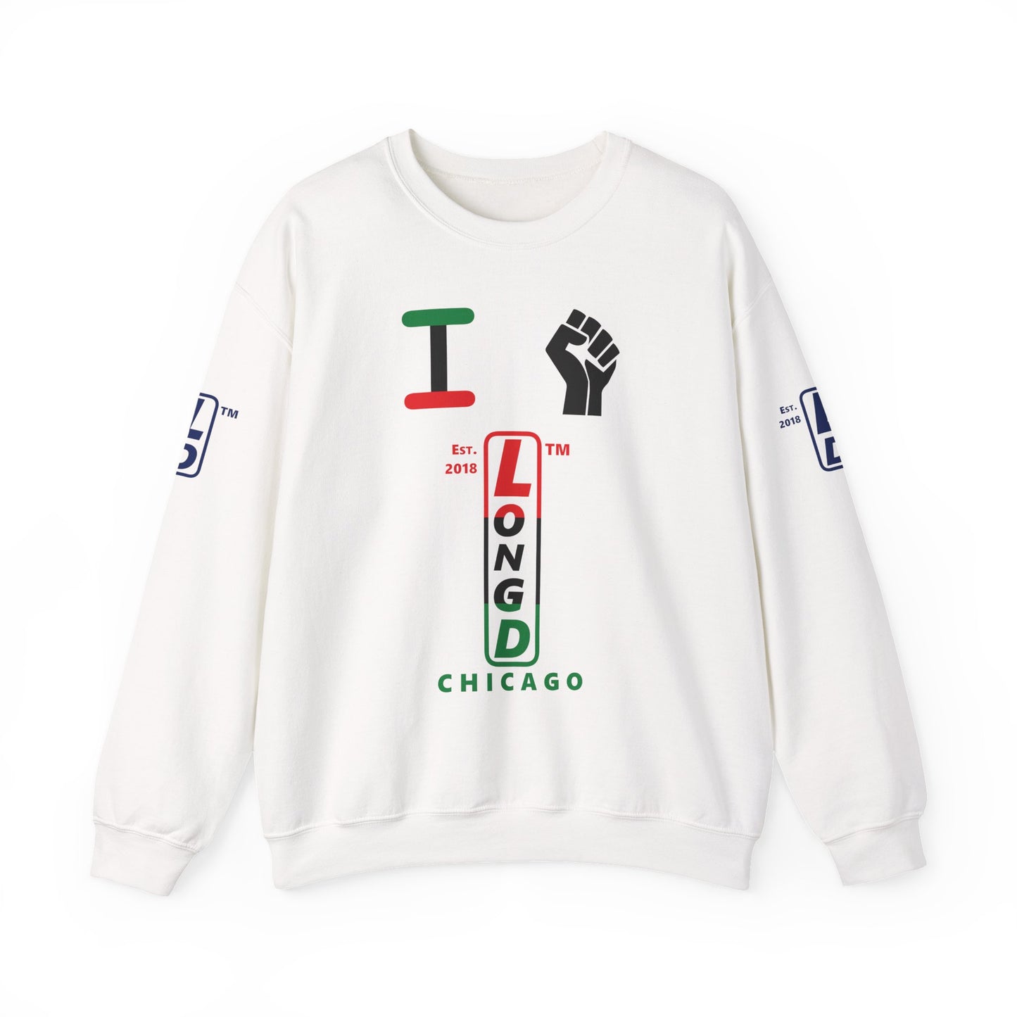 I Fist LongD positive horizontal 6-striped Chicago upright 4-print logo crewneck sweatshirt