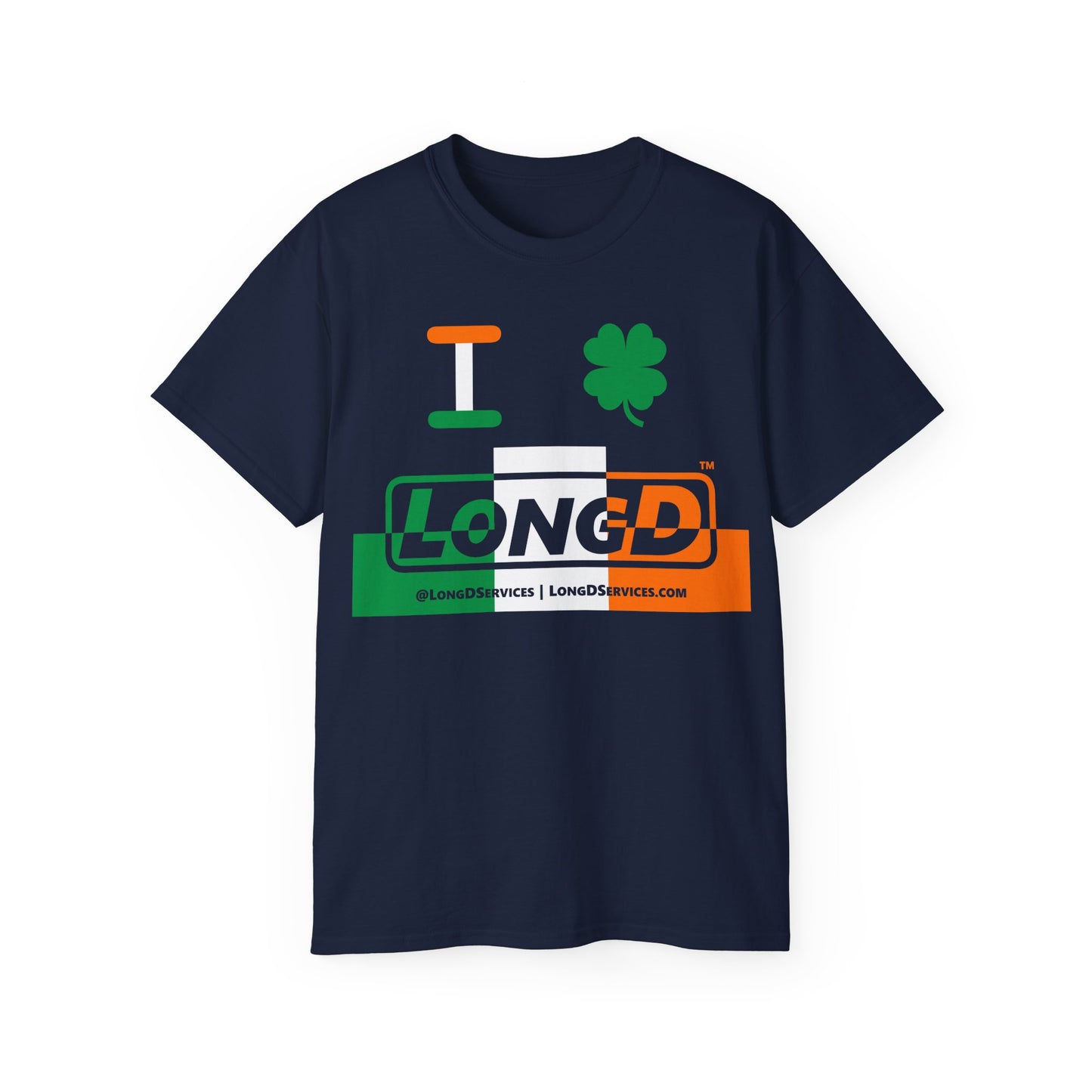 I Clover LongD® Logo Cotton Tee (St. Patrick's Day -Irish Green, White and Irish Orange thirds top-bottom outer positive-negative split with 4-leaf clover)