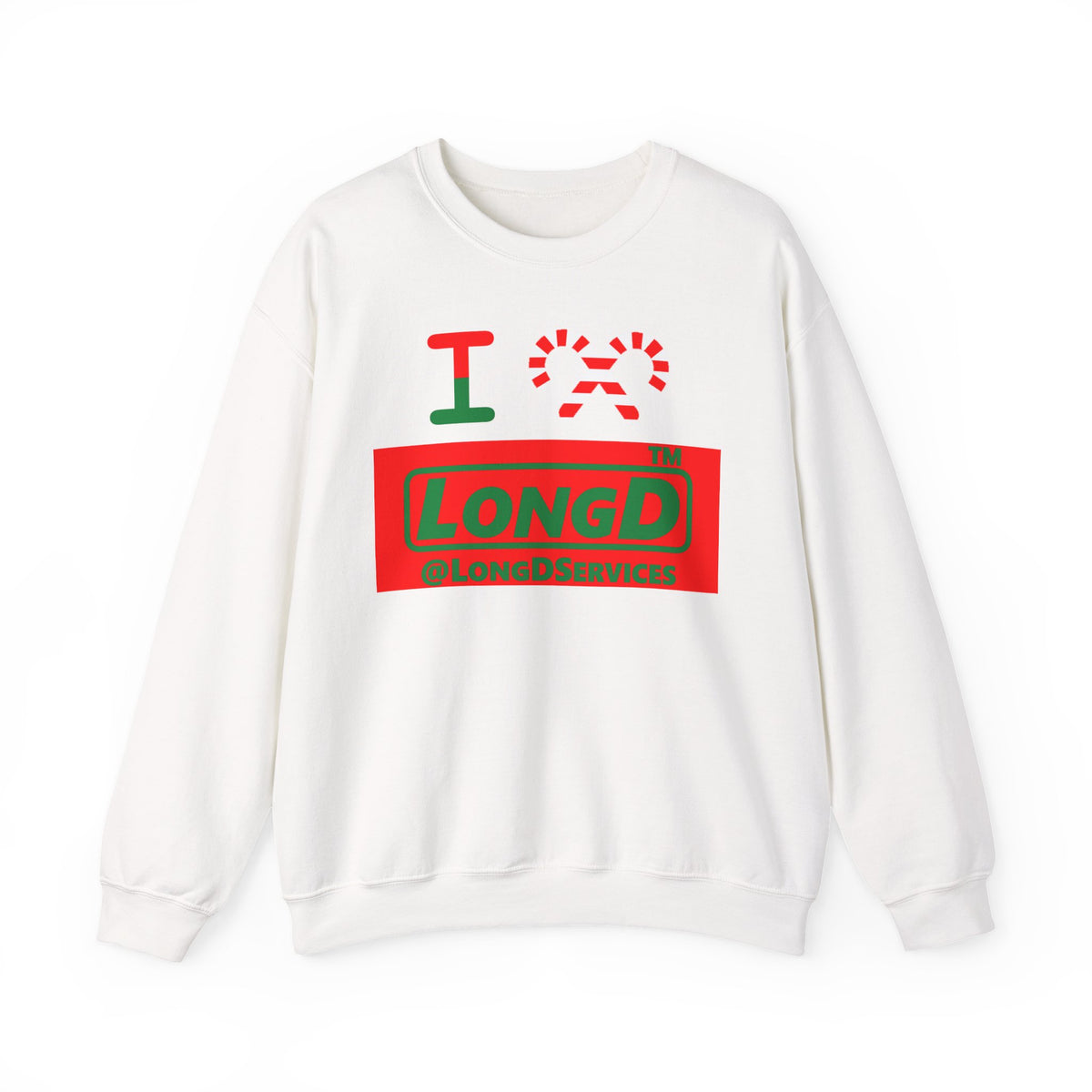 I candy cane LongD Tag logo positive green on negative red crewneck sweatshirt