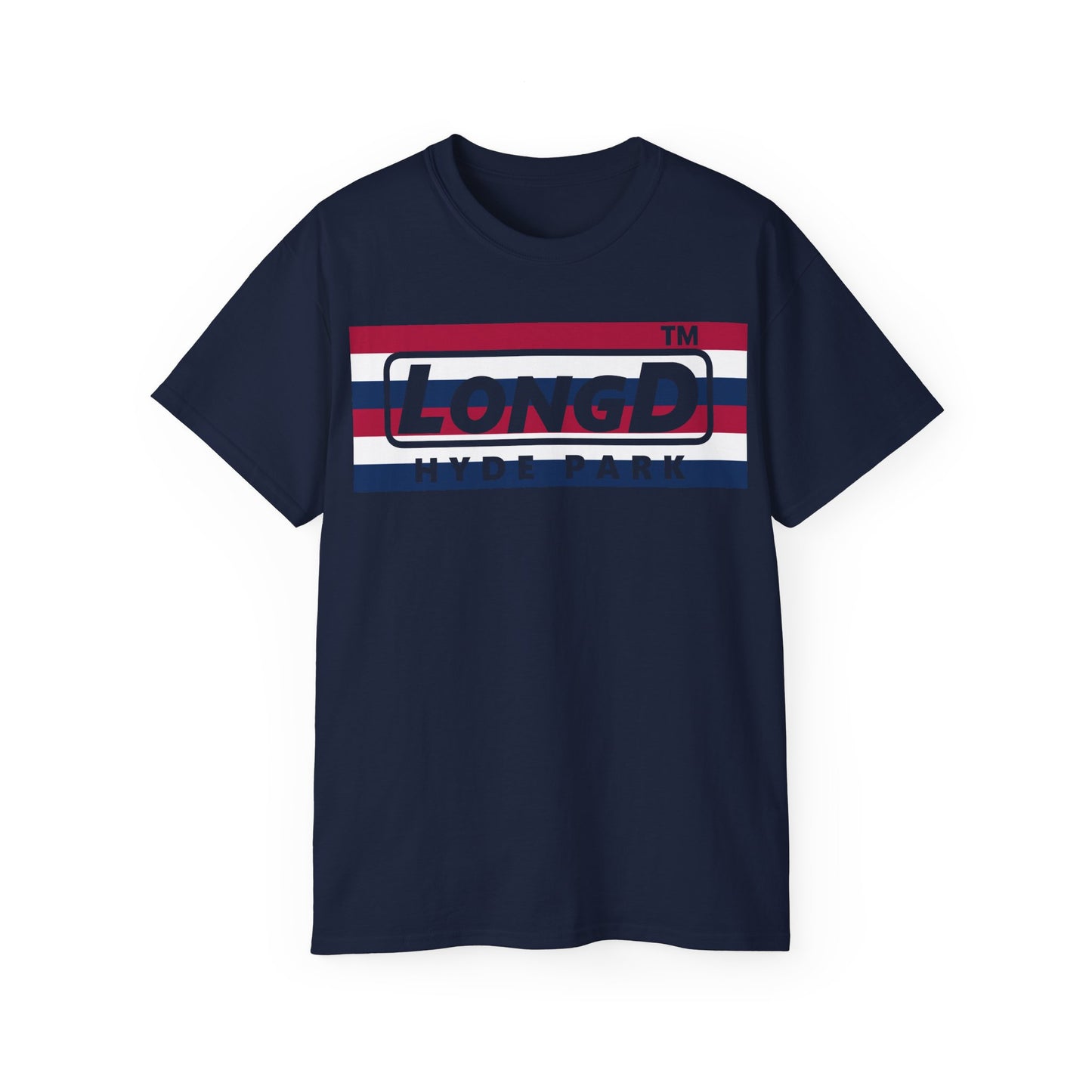 LongD negative horizontal 6-striped Hyde Park logo cotton tee (patriotic colors)