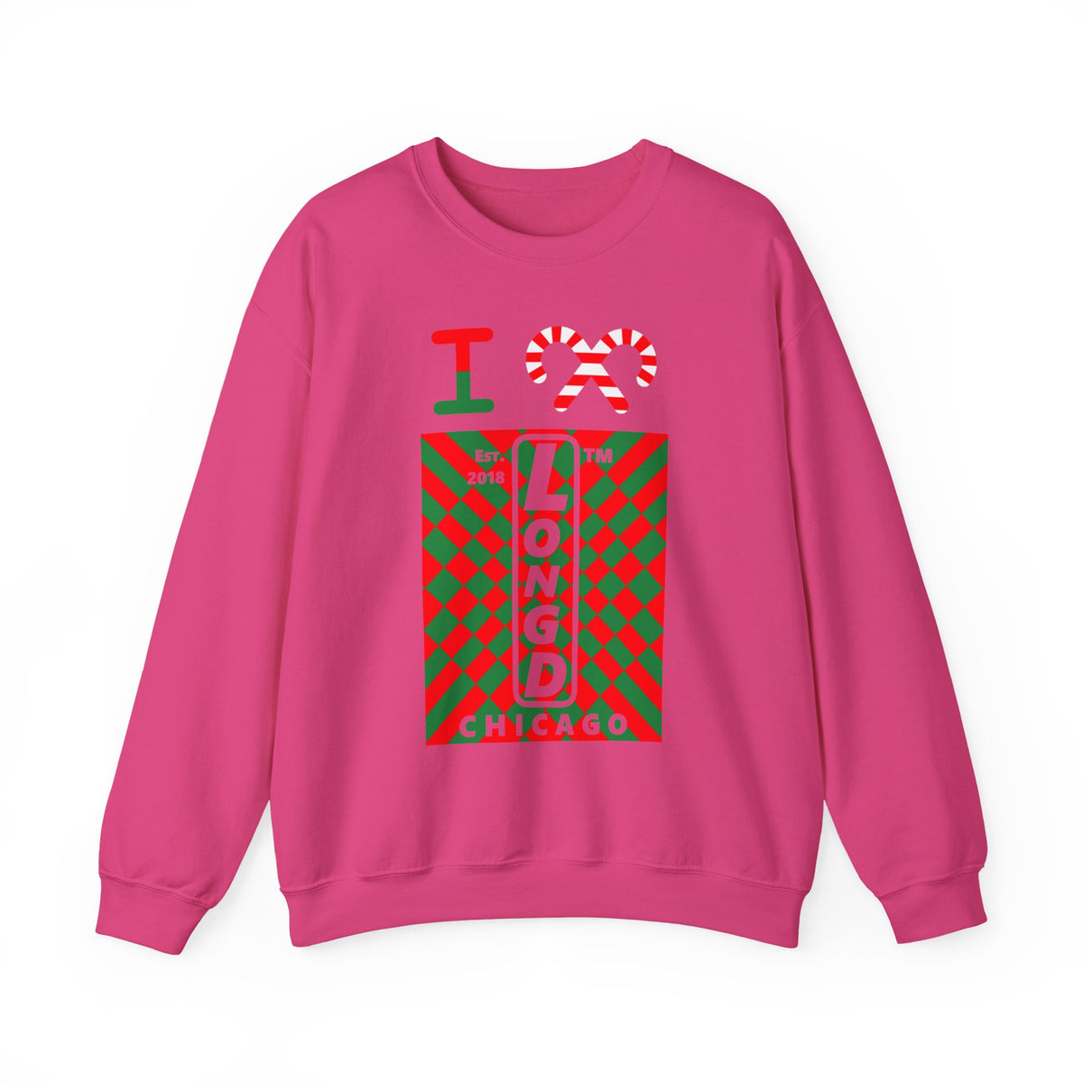 I candy cane LongD Chicago negative upright stylized argyle logo crewneck sweatshirt