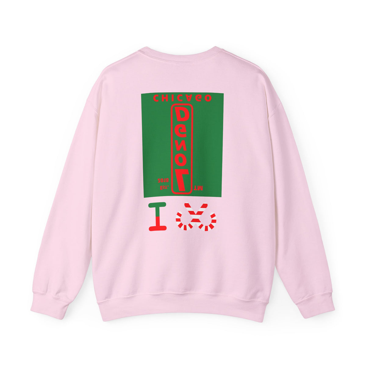 I candy cane LongD Chicago upright front-back logo positive red on negative green crewneck sweatshirt