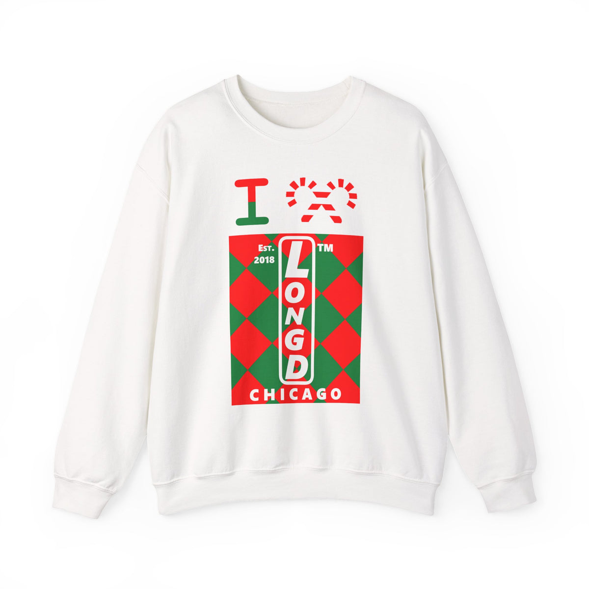 I candy cane LongD Chicago negative upright argyle logo crewneck sweatshirt