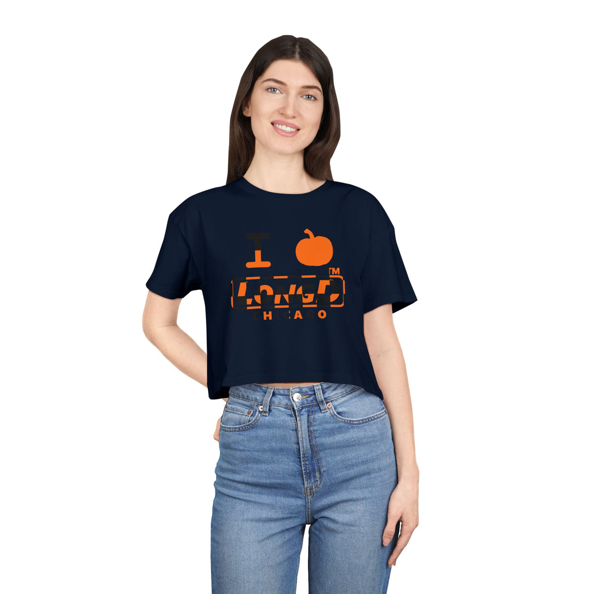 I pumpkin LongD Chicago positive checkered logo crop tee