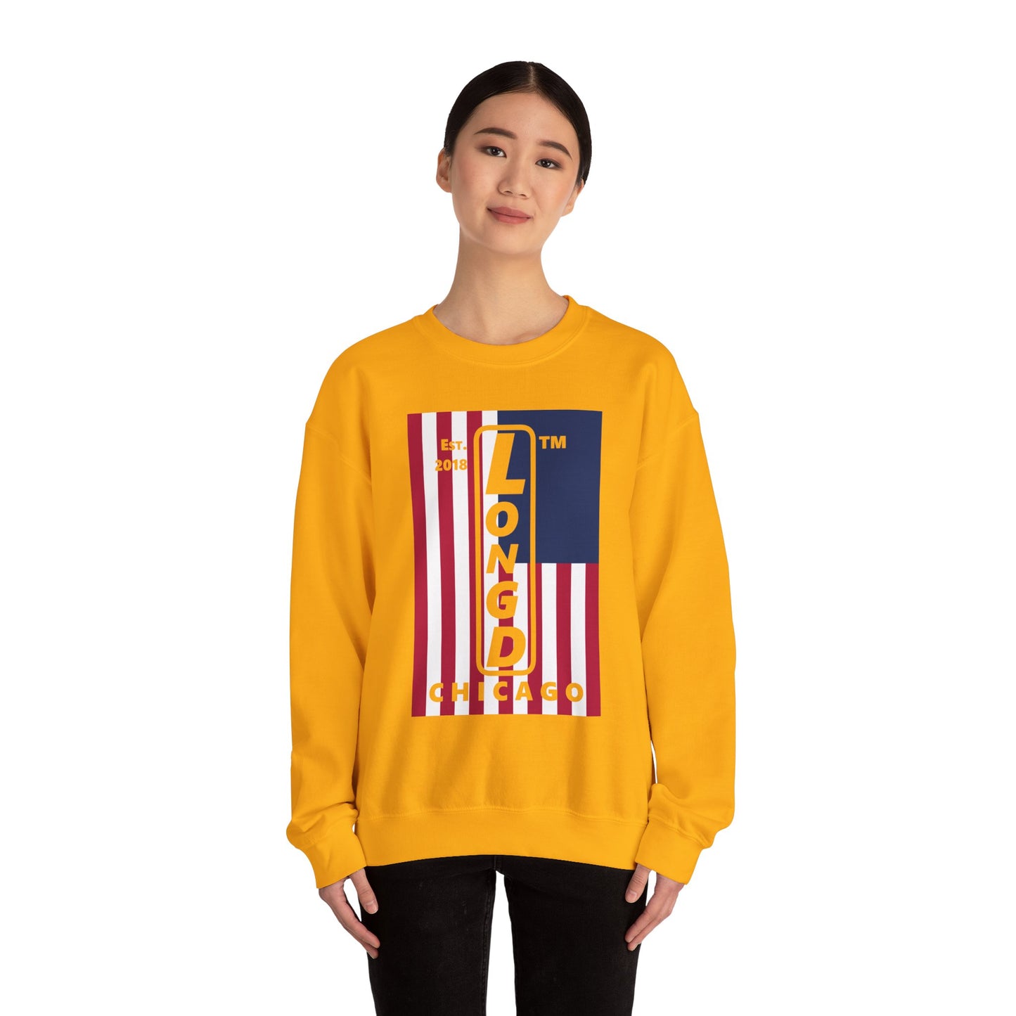 LongD negative cropped flag Chicago logo crewneck sweatshirt (patriotic colors)