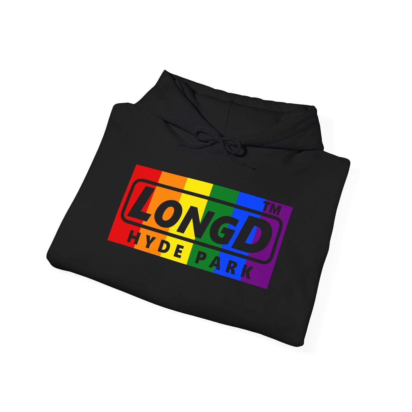 LongD® negative vertical striped 4-print Hyde Park logo hoodie (Pride colors)