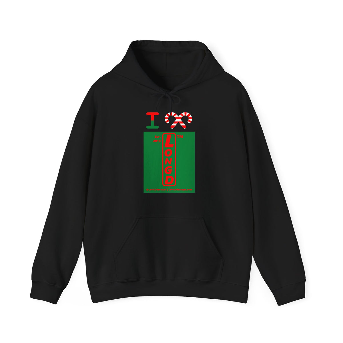 I candy cane LongD Tag-domain upright front-back logo positive red on negative green hoodie