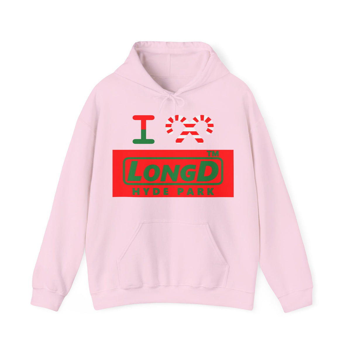 I candy cane LongD Hyde Park logo positive green on negative red hoodie