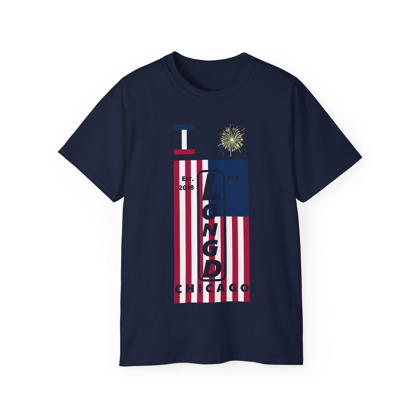 I Burst LongD cotton tee negative flag Chicago upright logo (Patriotic colors)