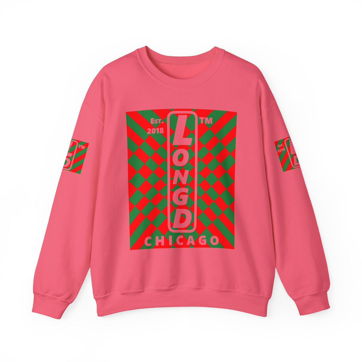 LongD Chicago negative upright stylized argyle 4-print logo (Xmas colors) crewneck sweatshirt