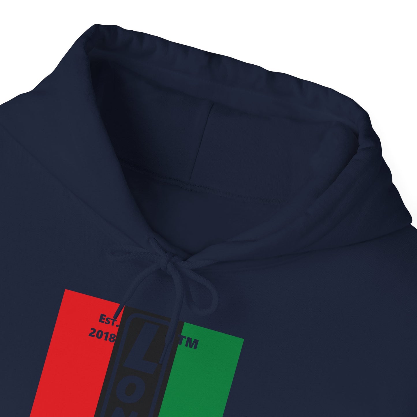 LongD® negative vertical 3-striped upright Hyde Park logo hoodie (Juneteenth colors)