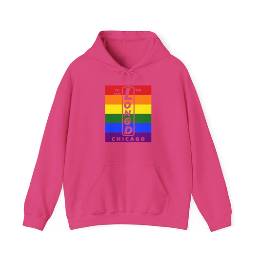LongD® negative horizontal 6-striped upright Chicago logo hoodie (Pride colors)