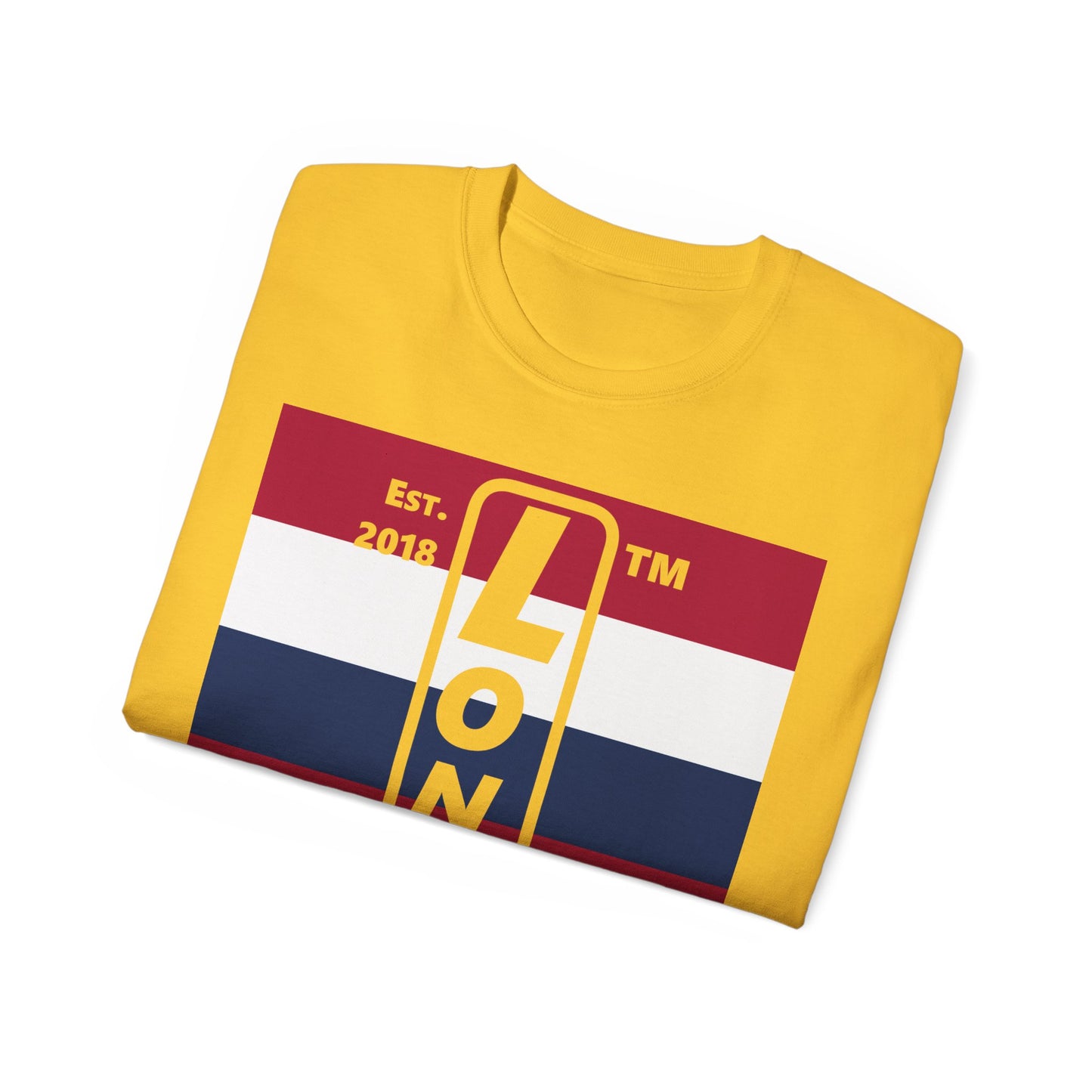LongD cotton tee negative horizontal 6-striped Hyde Park upright logo (Patriotic colors)