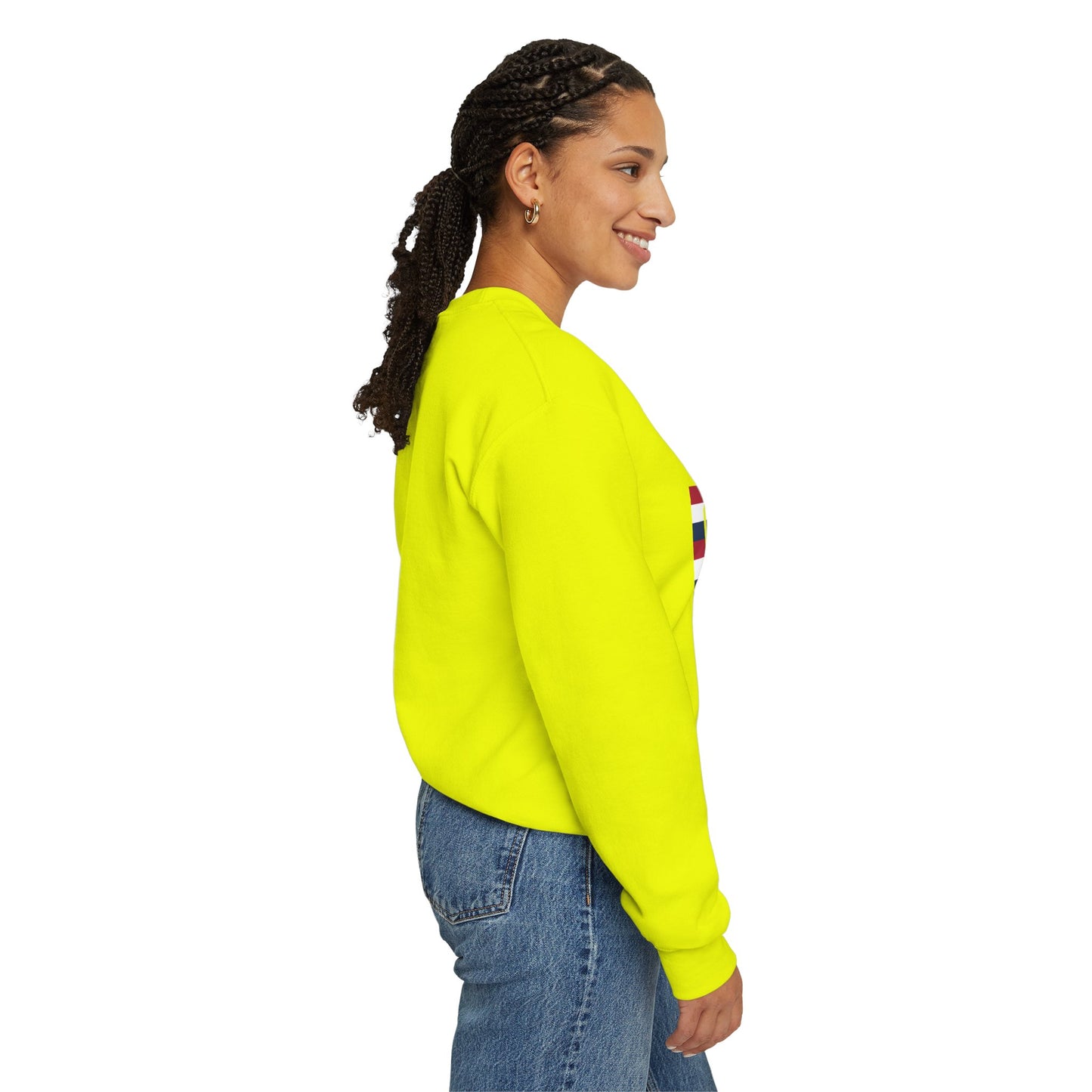 I firecracker LongD negative horizontal 6-striped Hyde Park logo crewneck sweatshirt