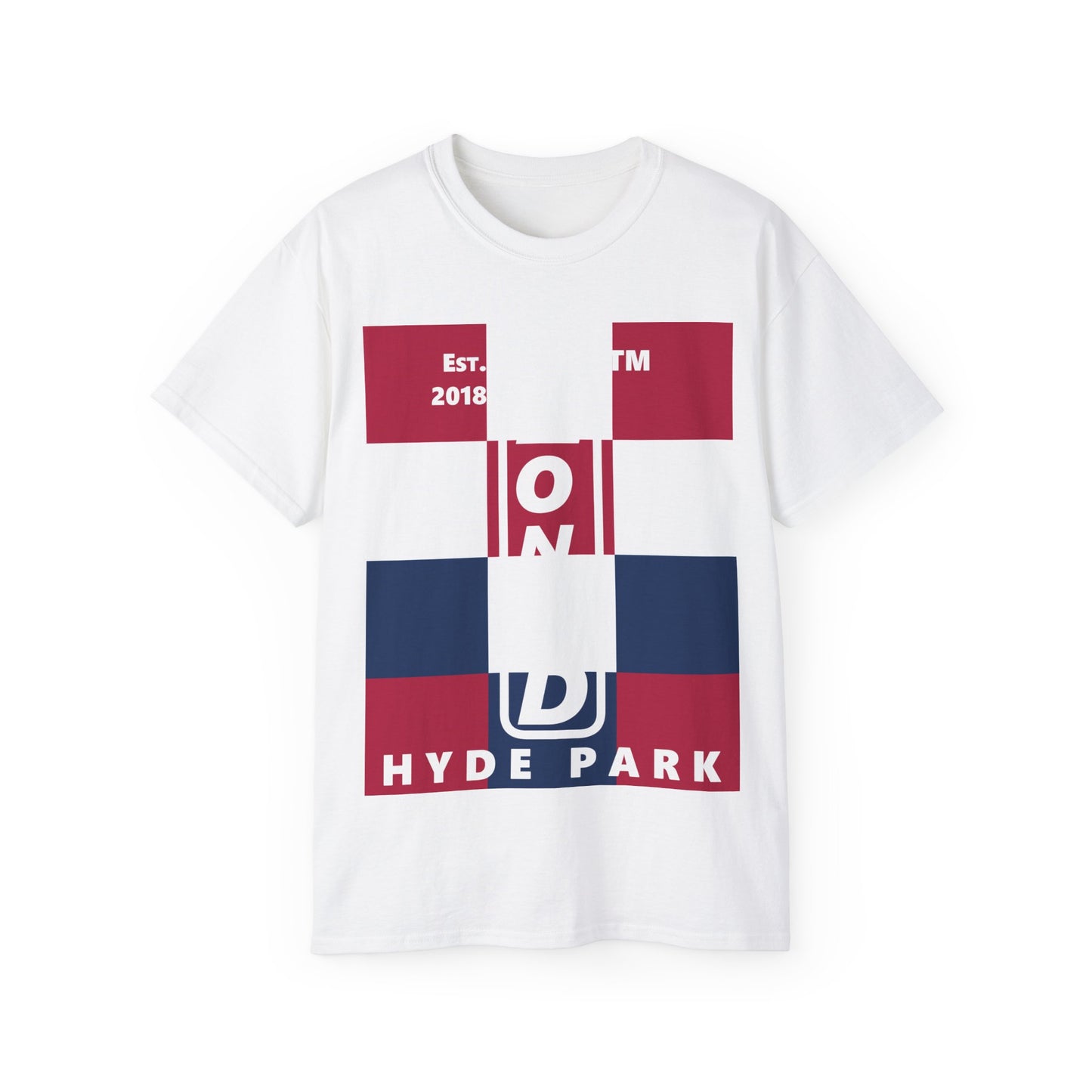 LongD cotton tee negative 4x3 Hyde Park upright logo (Patriotic colors)