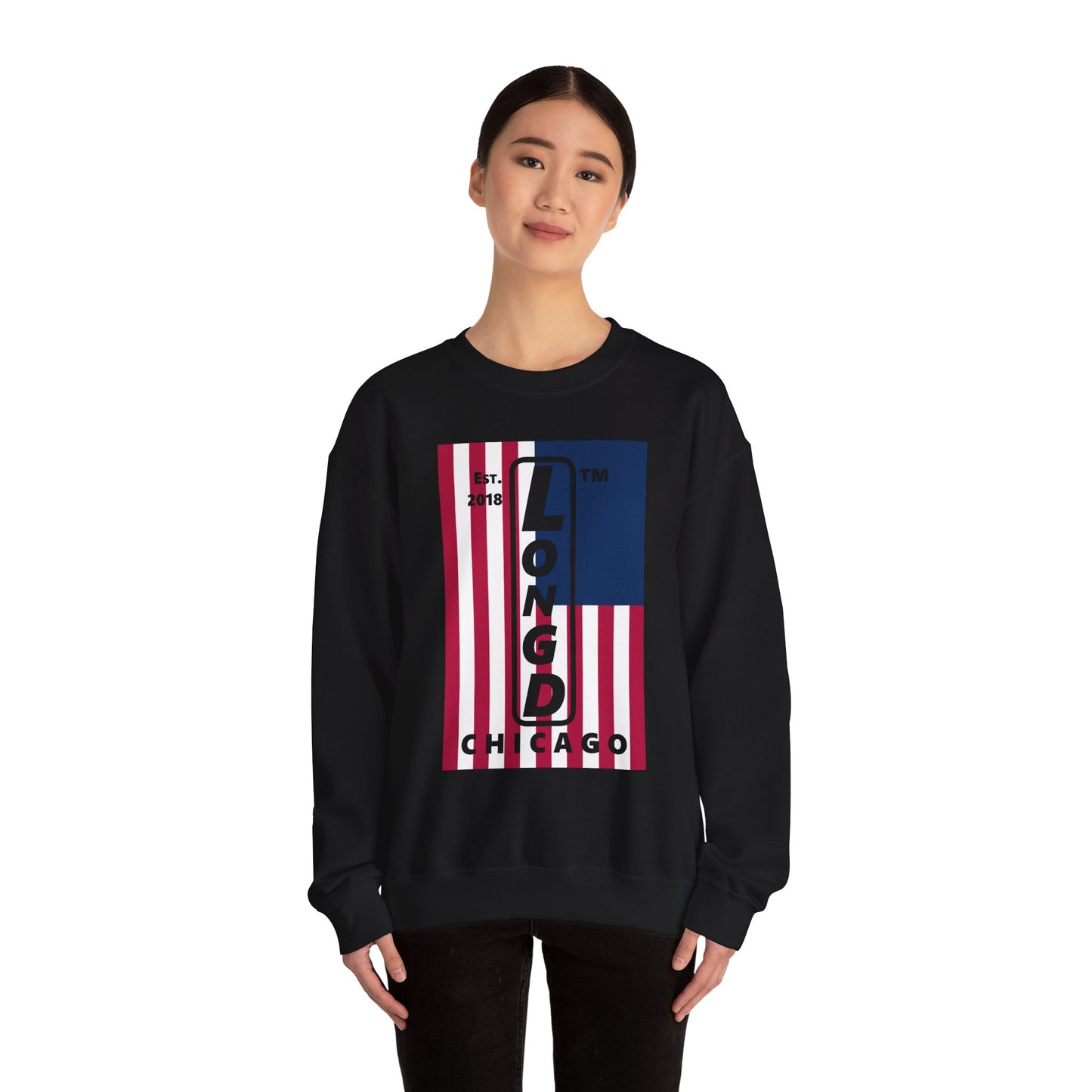LongD negative cropped flag Chicago logo crewneck sweatshirt (patriotic colors)