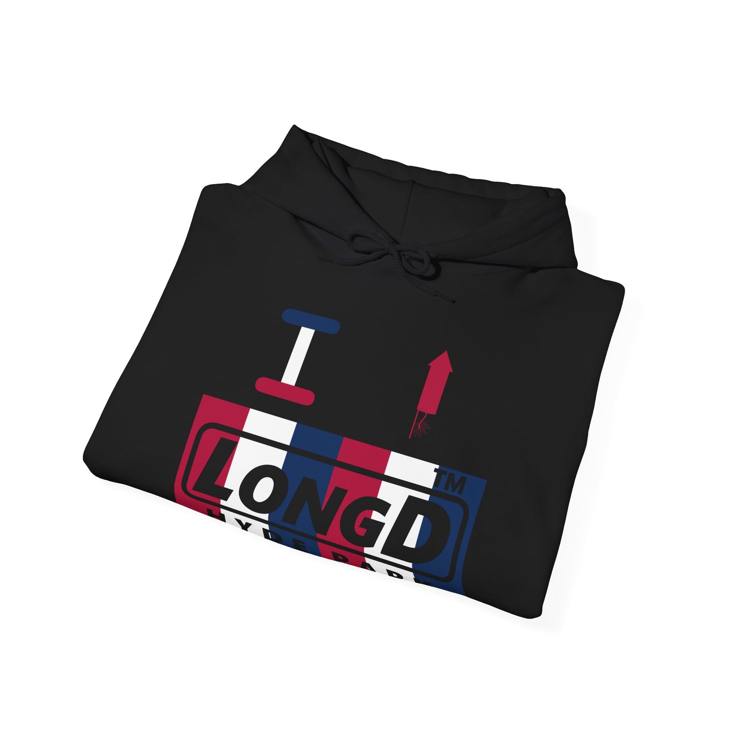 I firecracker LongD® negative vertical 6-striped Hyde Park logo hoodie