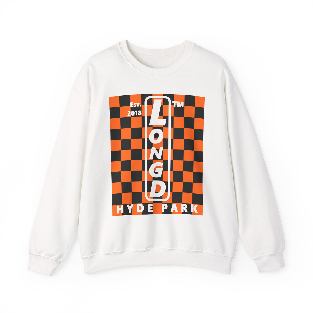 LongD Hyde Park negative upright checkered logo (Halloween colors) crewneck sweatshirt
