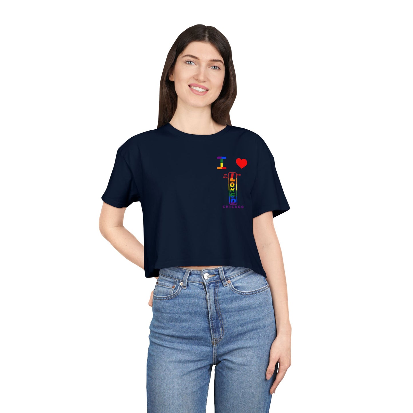 I Luv LongD Positive horizontal 6-striped upright single-breasted Chicago logo crop tee (Pride colors)