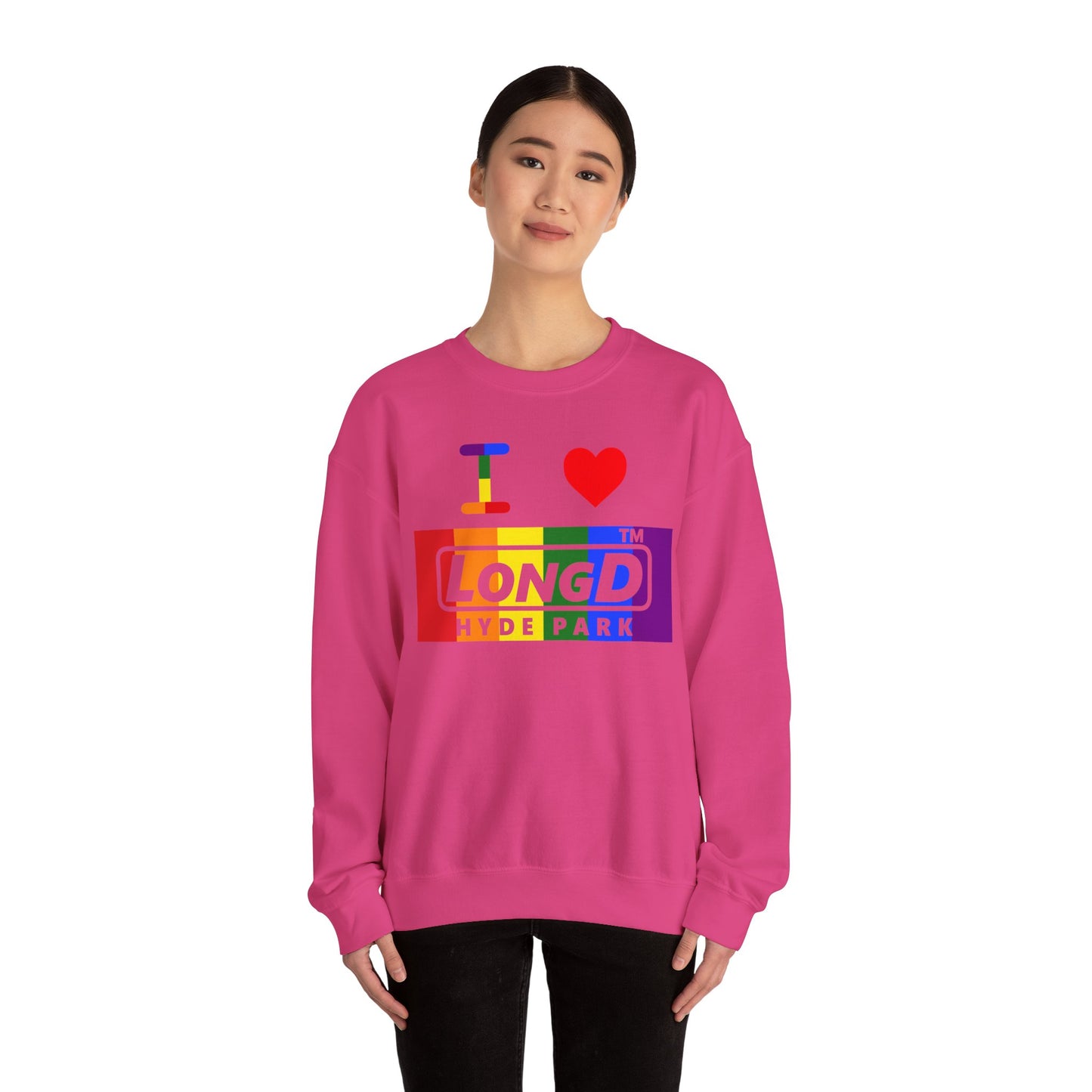 I Luv LongD negative vertical striped Hyde Park logo crewneck sweatshirt (Pride colors)