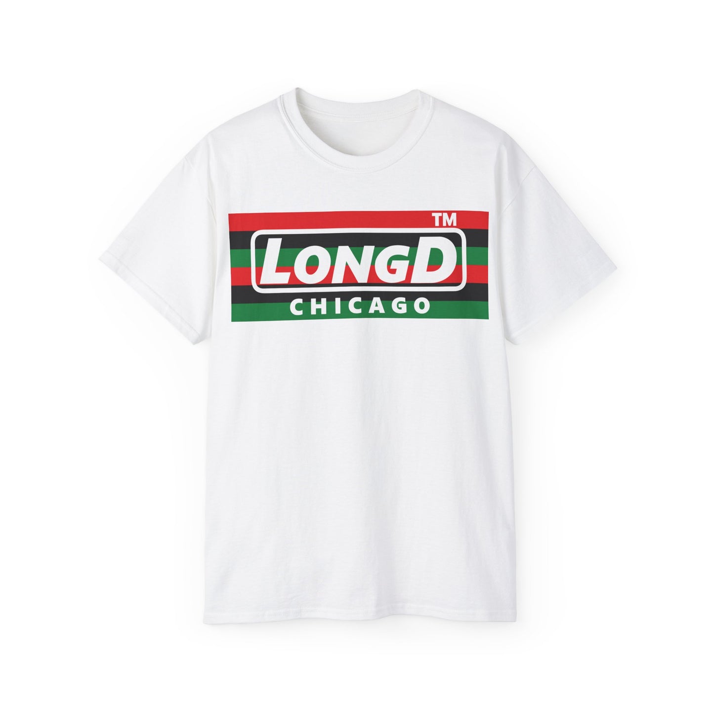 LongD negative horizontal 6-striped Chicago logo cotton tee (Juneteenth colors)