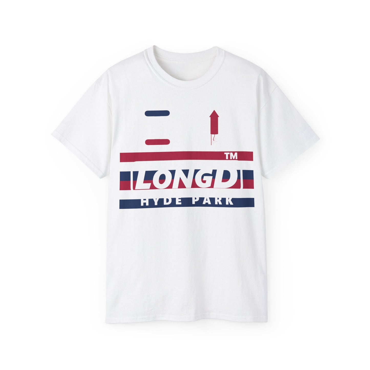 I firecracker LongD negative horizontal 6-striped Hyde Park logo cotton tee