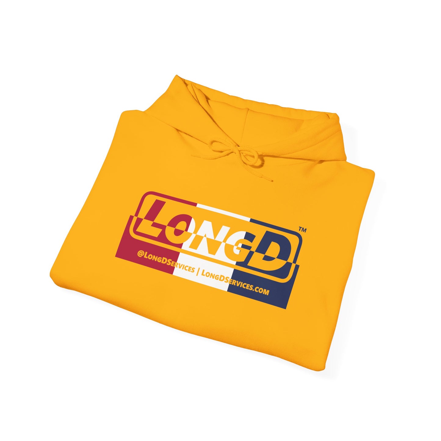LongD® Logo Hoodie red, white and blue top positive bottom negative thirds