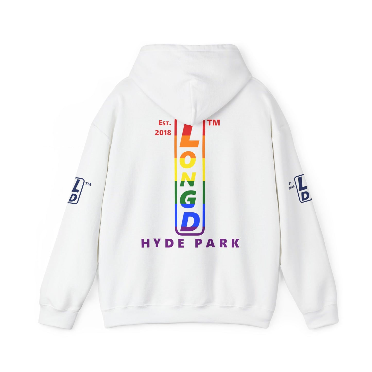 LongD® positive horizontal 6-striped Hyde Park 4-print upright logo hoodie (Pride colors)
